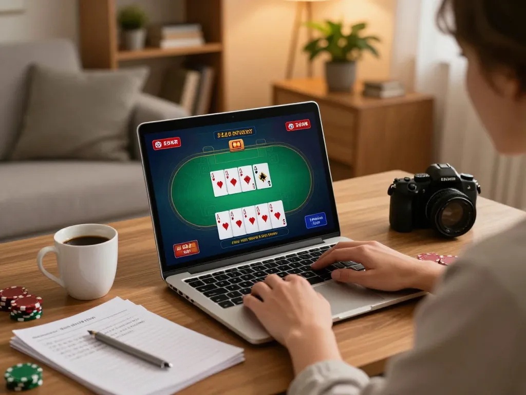 Engaging in online poker gaming at home using 32win, complete with strategy notes and warm ambiance.