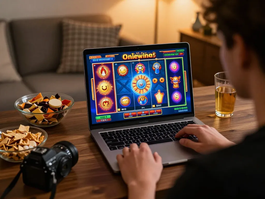 Engaging in a vibrant rusuntogel slot game at home, showcasing colorful graphics and strategic play.
