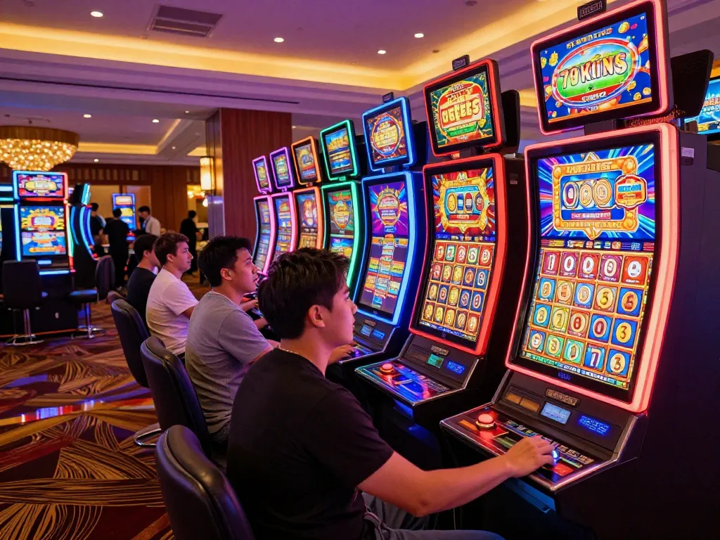 Players enjoying vibrant slot machines at 79king casino, capturing excitement and action.