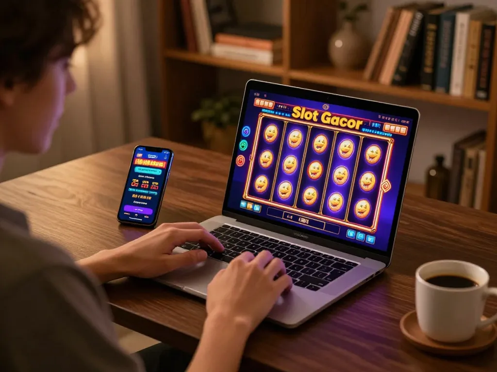 Berinteraksi dengan permainan Slot Gacor di laptop dalam pengaturan rumah yang nyaman yang menampilkan perjudian strategis.