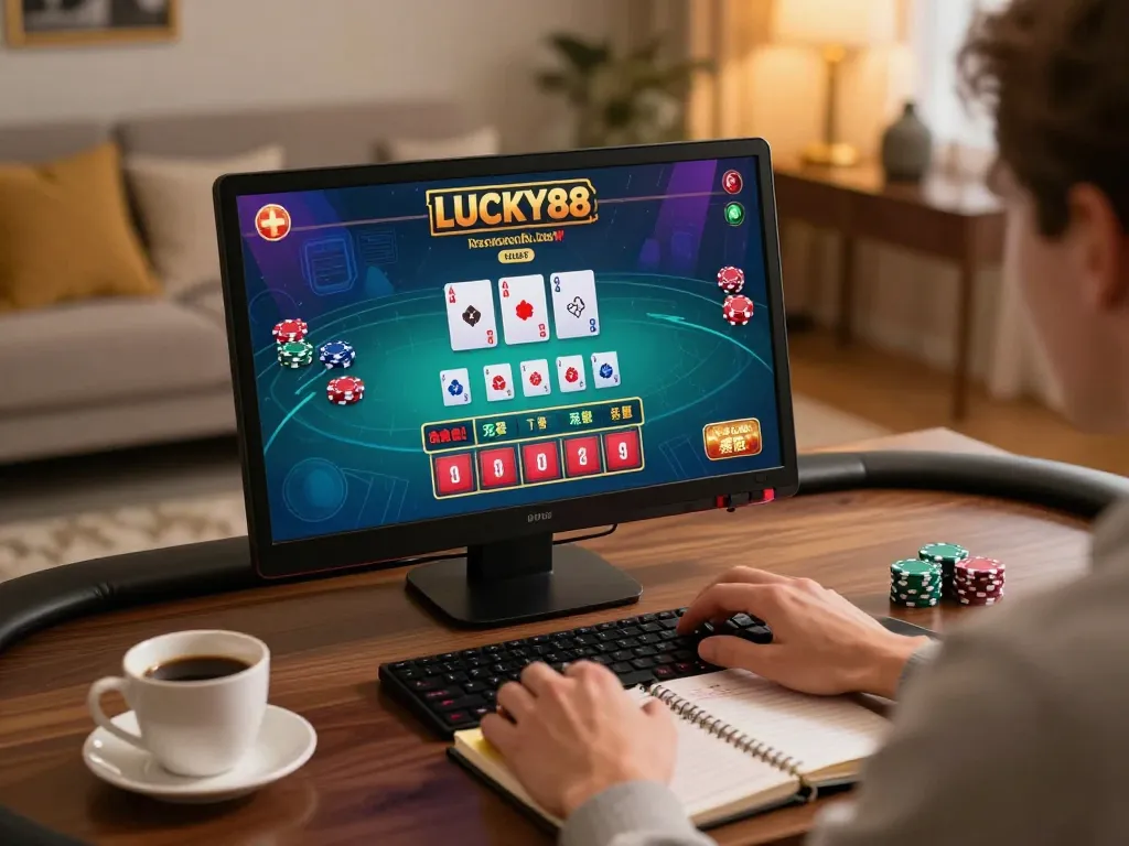 Player enjoying LUCKY88 live casino game at home, focused on online betting strategy