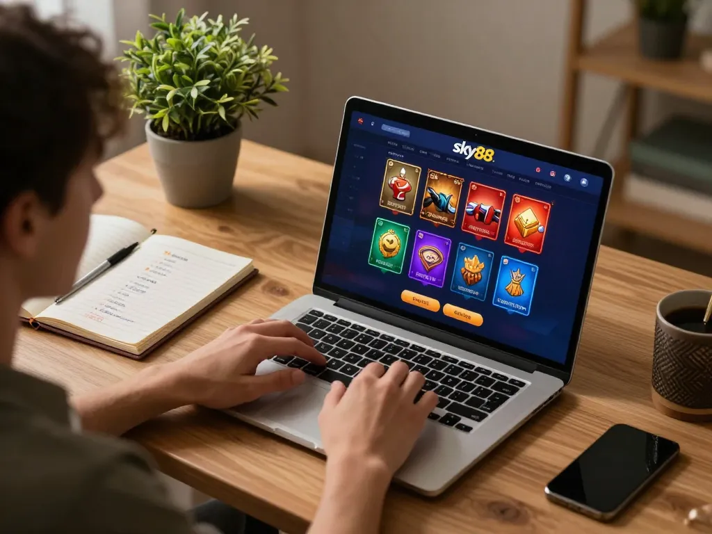 Sky88 player strategizing at home, engaging with dynamic online gaming experience.