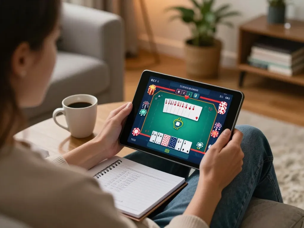 Player enjoying poker game on tablet with strategy notes at home, featuring 9bet vibrant interface.