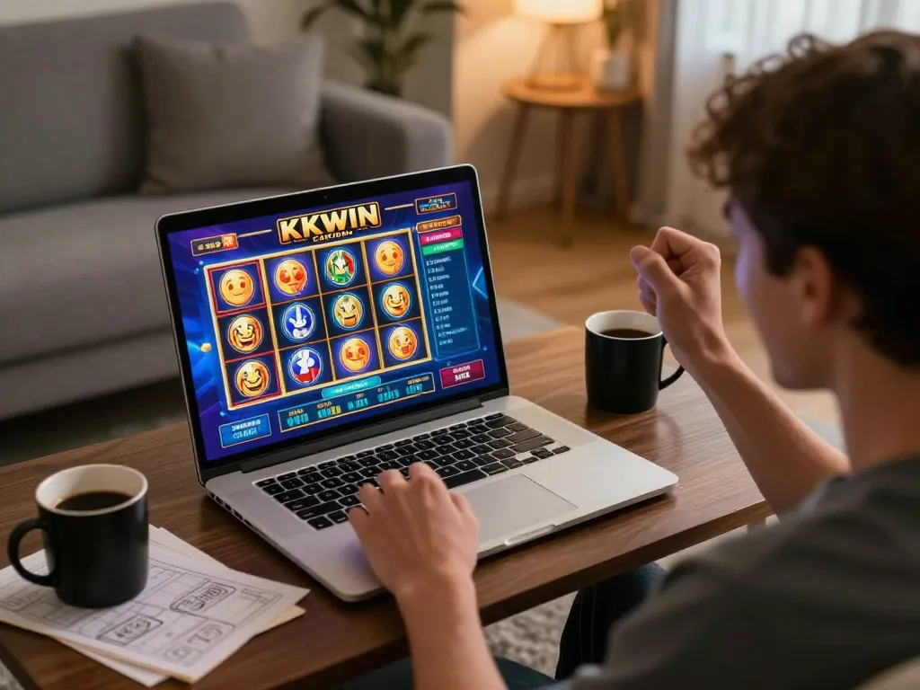 Engaging in KKWIN CASINO gameplay on a laptop in a cozy home, showcasing excited user interaction.