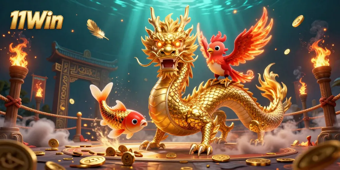Experience thrilling excitement as 11Win brings you a majestic dragon, phoenix, and koi fish in an engaging casino scene.