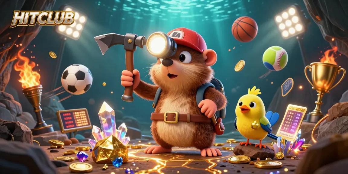 HITCLUB treasure hunter mole enjoys a vibrant mining cave surrounded by dynamic gold-rich sports elements.