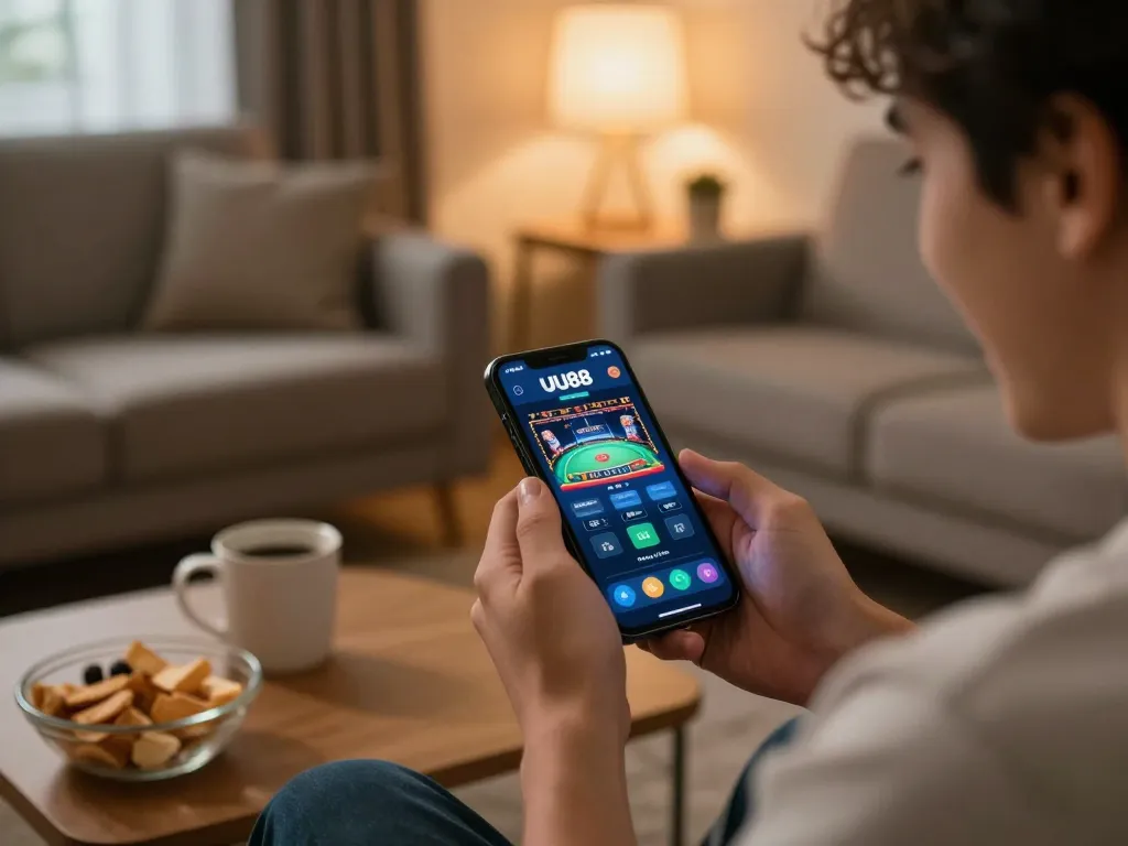 Player enjoying UU88 VIP on mobile, immersed in spirited online gambling