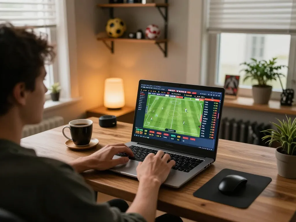 Socolive user engaging in live sports betting from a cozy home office setup with a laptop.