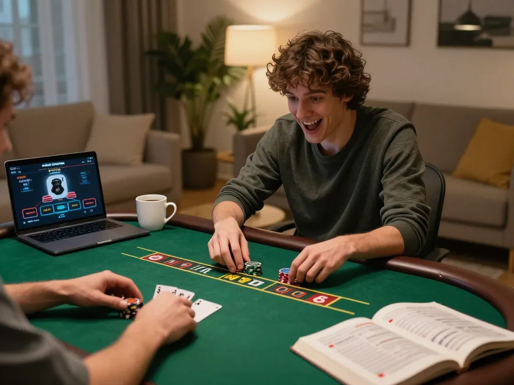 Engaging in online poker at home, showcasing 789win gaming strategy and action for responsible gambling.