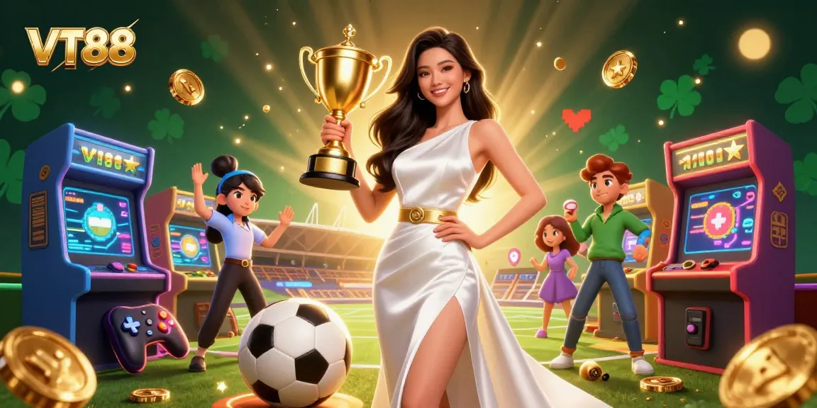 Bet on VT88 with vibrant gaming scenes featuring a trophy, arcade elements, and sports themes.