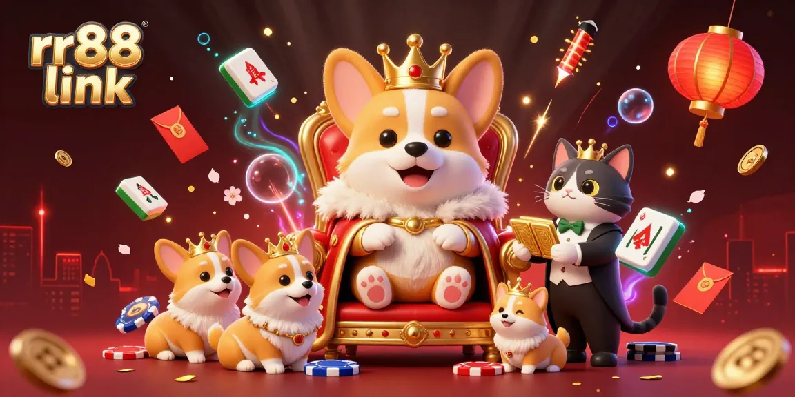 Engage with the exciting rr88 link illustrated scenario of a royal corgi on poker chips amidst festive gaming elements.