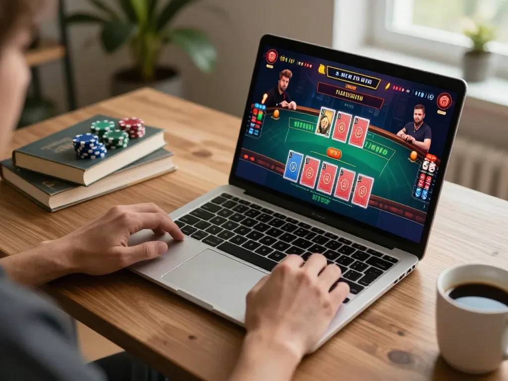 Engaging with OPEN88 live dealer casino game on a cozy home setup, warm inviting atmosphere.