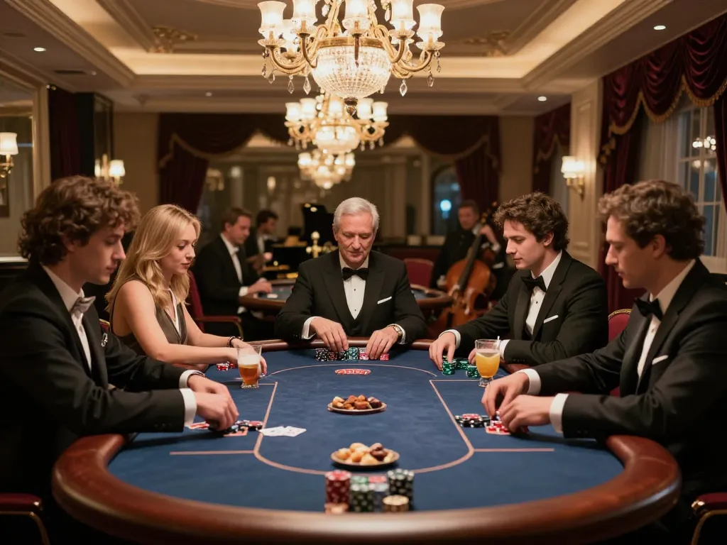 High-rollers enjoying a sunwin poker night in a luxurious casino, showcasing strategic gameplay and elegance
