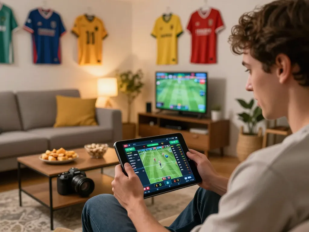 Person enjoying mobile sports betting with five88 app on tablet in a cozy living room