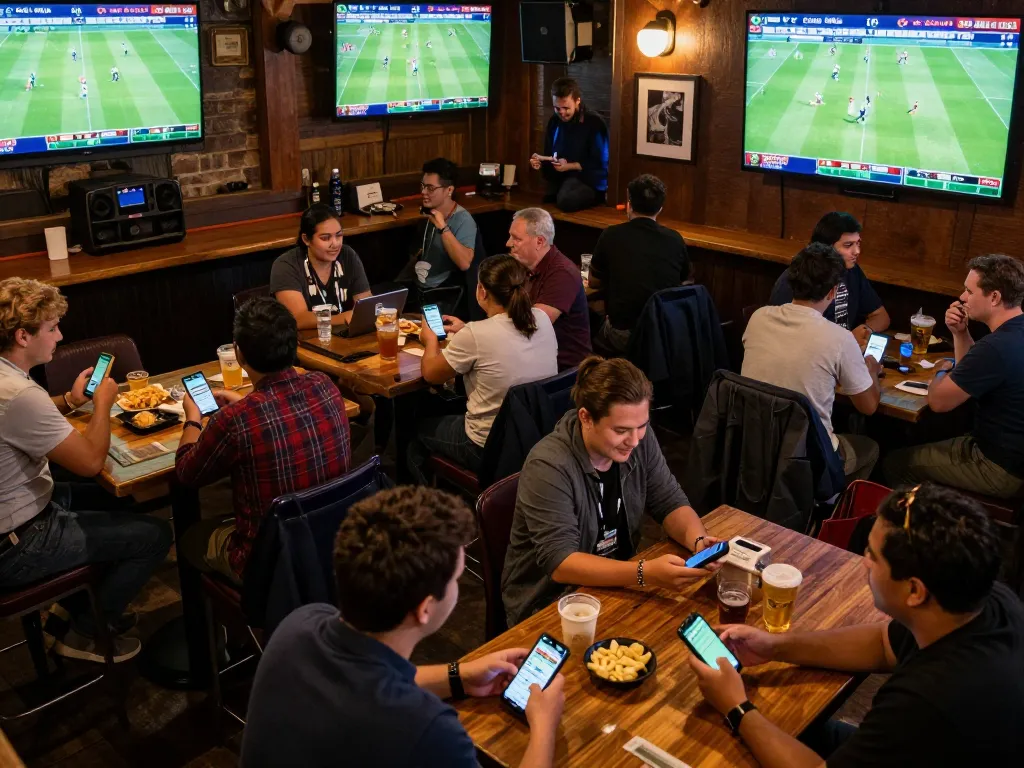 KQBD users engaging in live sports betting while watching thrilling football matches at a lively sports bar.