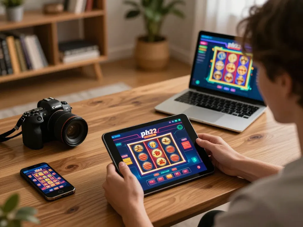 Experience ph22 online gaming with a cozy tablet setup, showcasing vibrant slot games interface