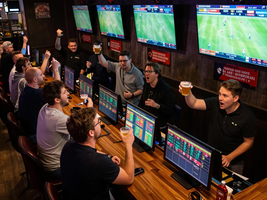 Enthusiastic friends engaging in live sports betting with DA88 screens displaying game odds