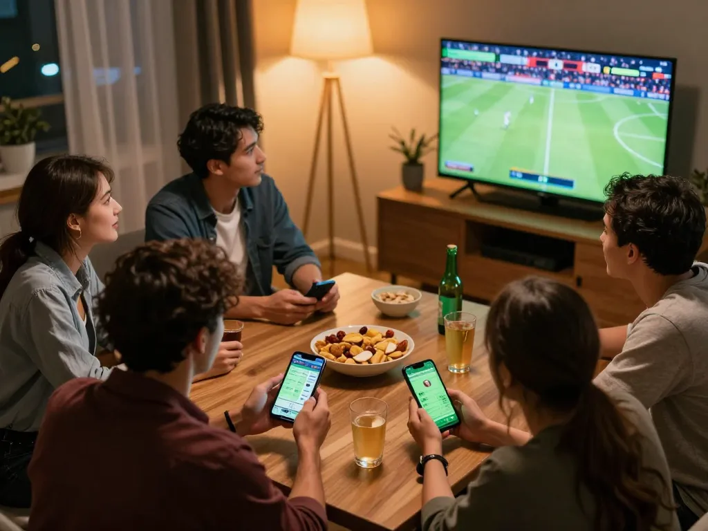 Xoilac sports betting scene with friends excitedly placing bets during a live football match.