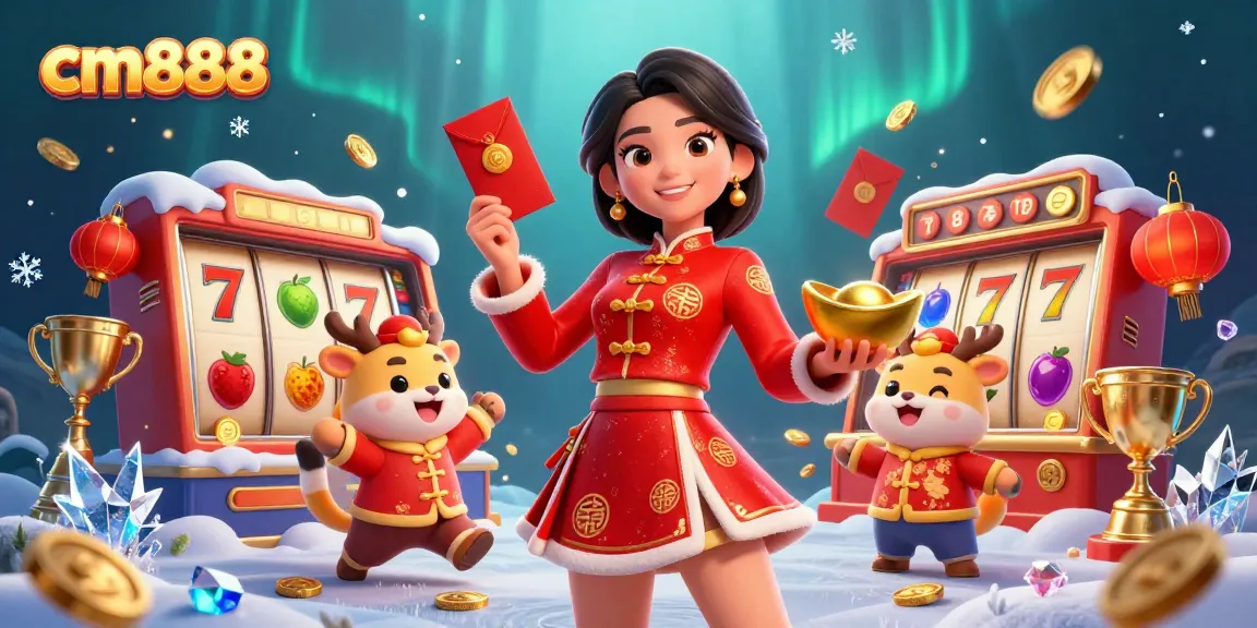 Experience the excitement of cm888 with a vibrant 3D illustration featuring festive symbols and dynamic slot elements.