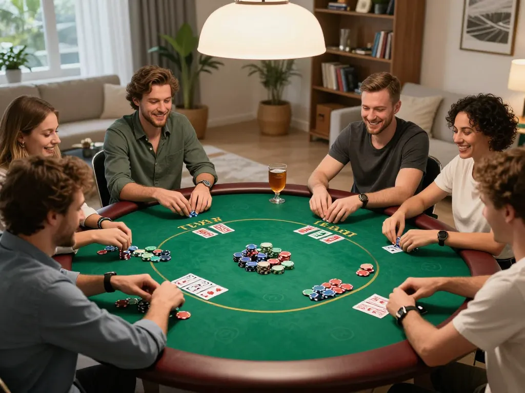 Friends play poker at a home game night, showcasing VK88 strategy and engaged atmospheres.