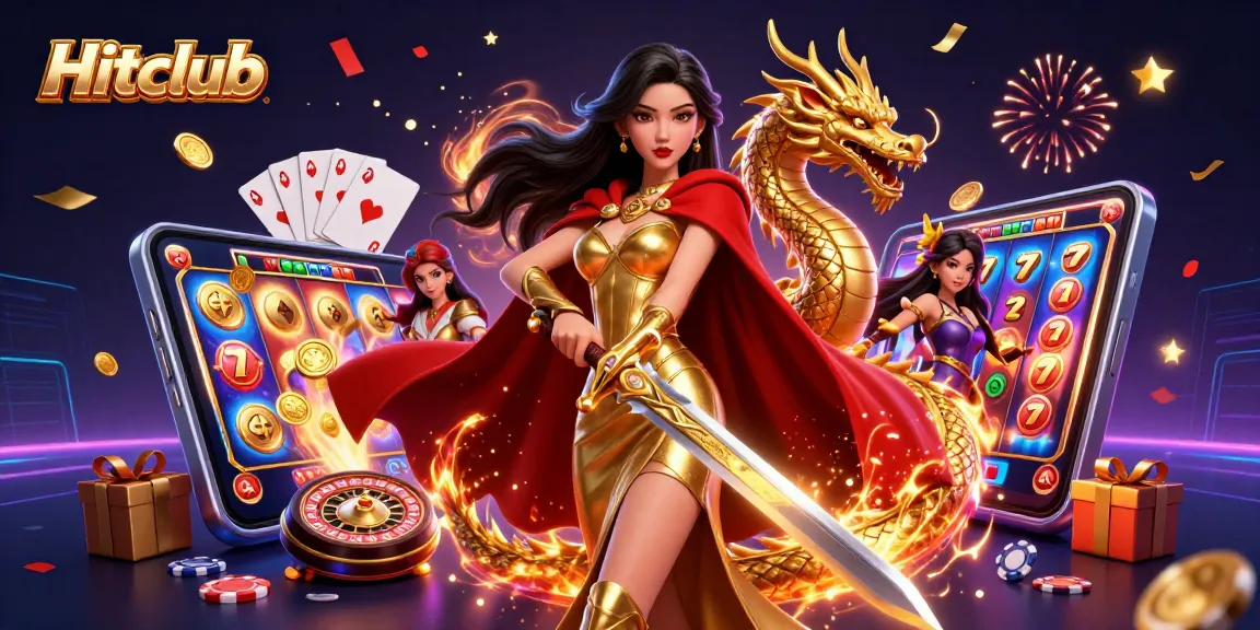 Hitclub showcases a vibrant gambling scene with an Asian queen and casino games.
