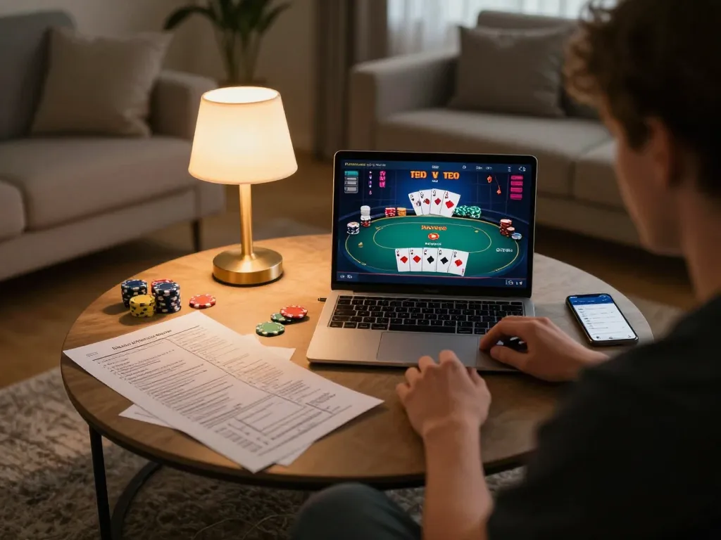 Debet player engaging in online poker strategy with chips and cards on laptop screen
