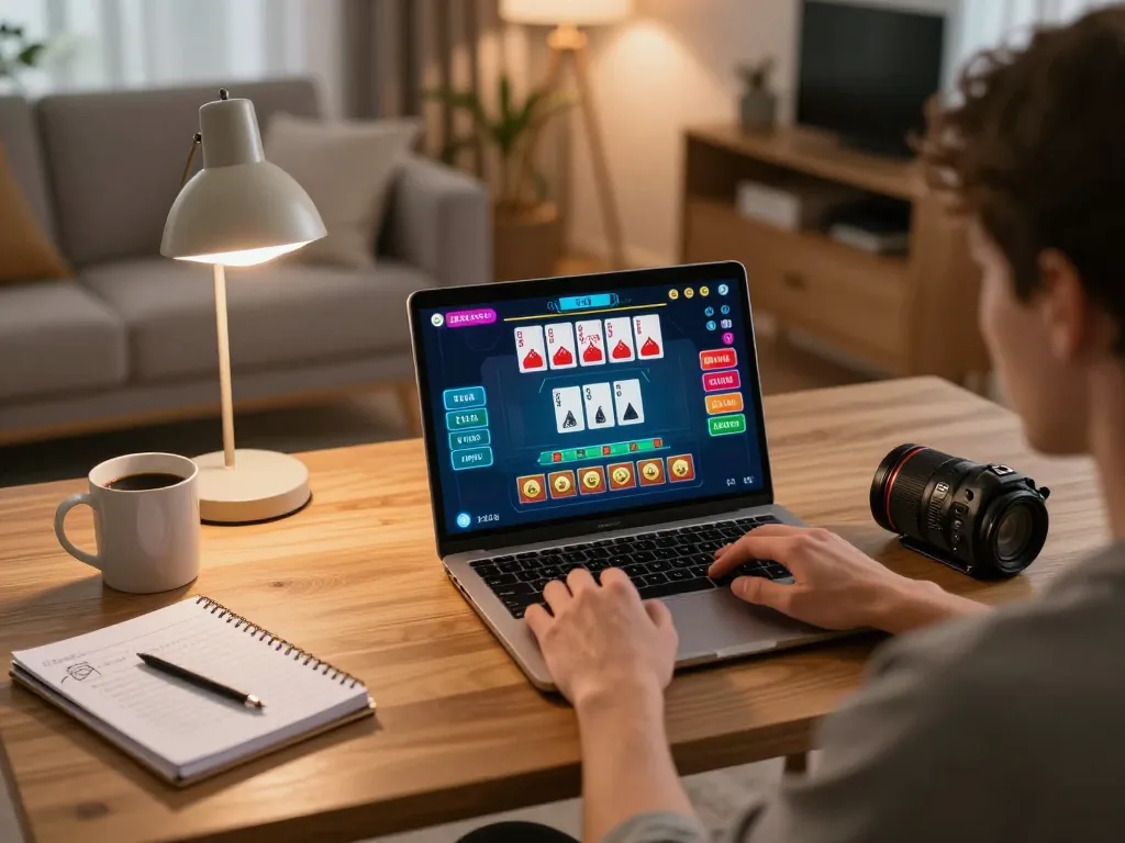 Engaging with YOU789 online casino experience on a laptop in a cozy home setting.