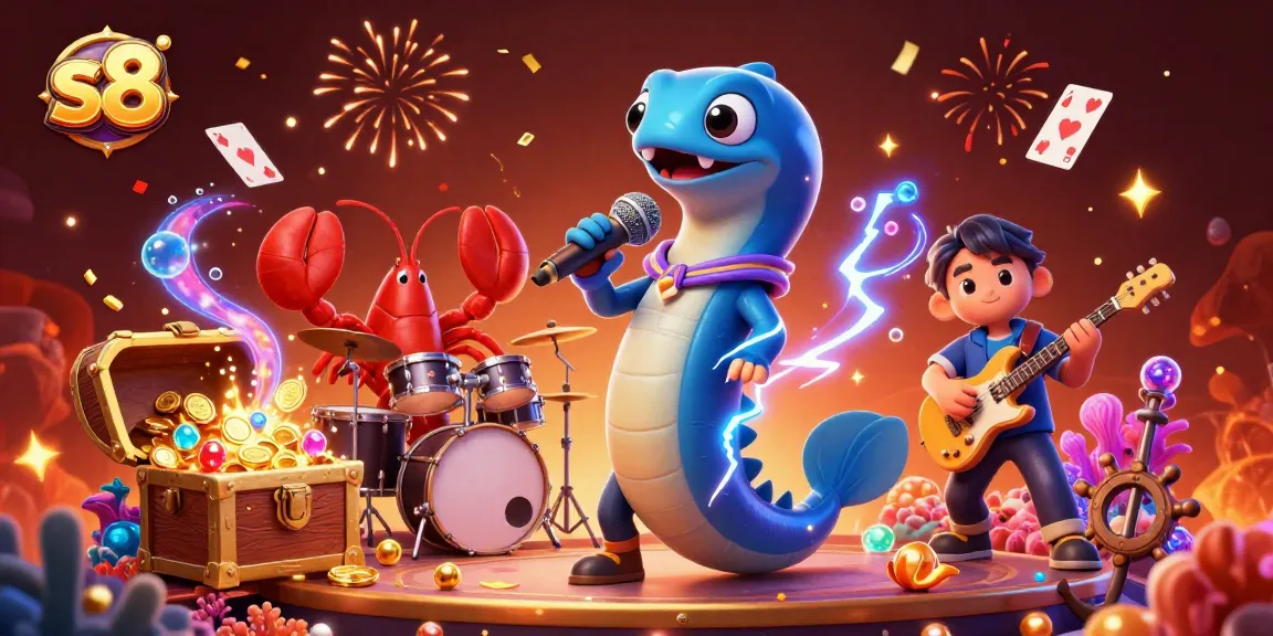 S8 casino scene featuring an electric eel DJ and band with gold coins and cards