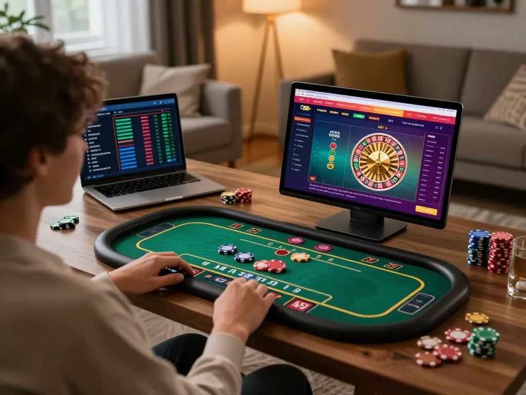 Engaging in CM88 fm online gaming with tablet displaying roulette action and poker strategies in a cozy home.