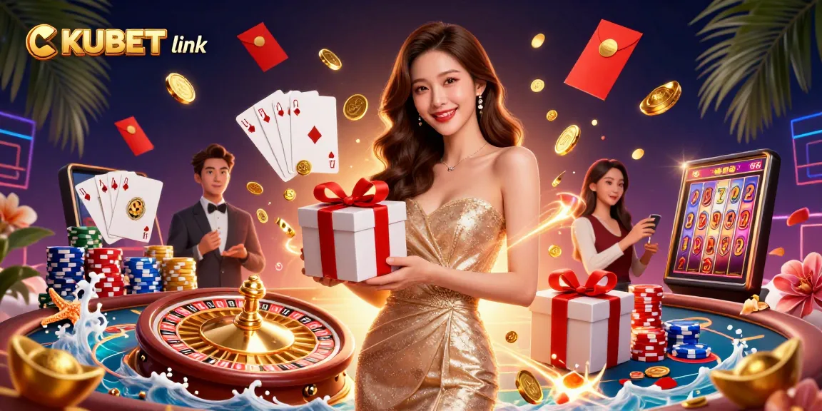 Experience KUBET link through vibrant casino action with a stunning Asian model showcasing golden rewards.