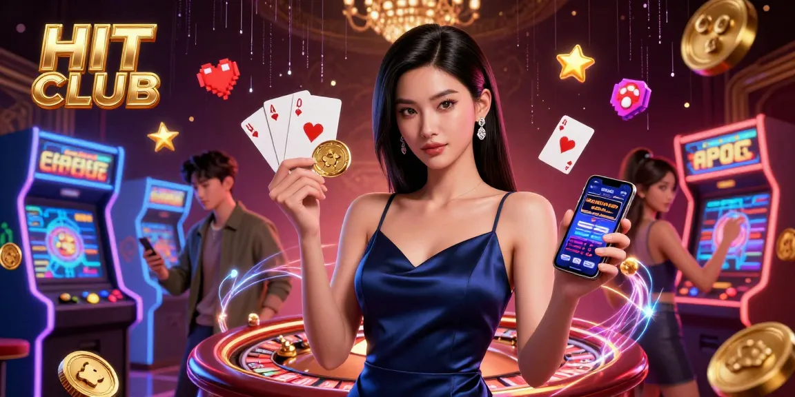 Hit Club brings a dynamic gaming experience, featuring stylish characters and engaging casino elements in a vibrant digital illustration.