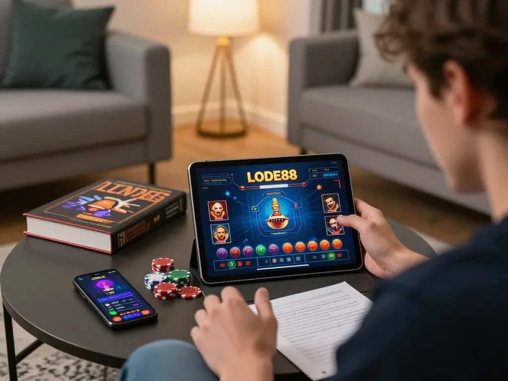 Engaging online gaming session with LODE88 interface on tablet, showcasing strategic gameplay in a cozy living room.