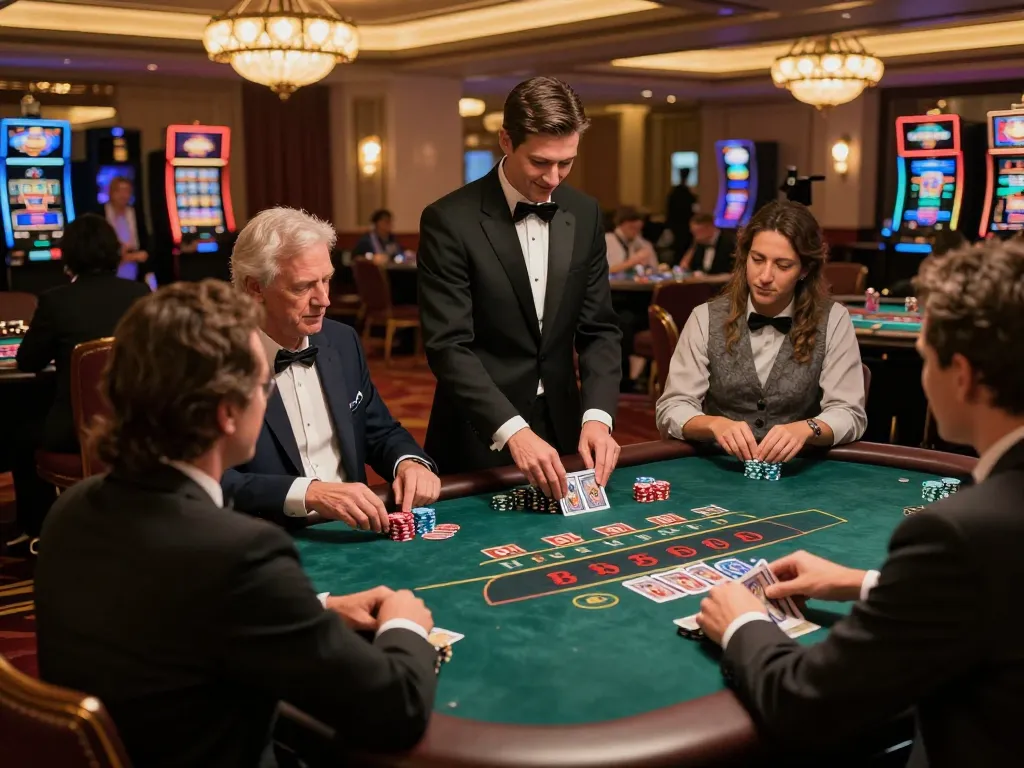 Friends enjoying a strategic game of blackjack at an upscale casino with aa88 excitement visible in the atmosphere