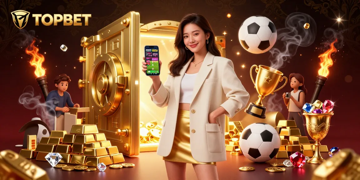 Bet on sports with TOPBET as a photorealistic Asian woman shows a betting app amidst dynamic casino riches.