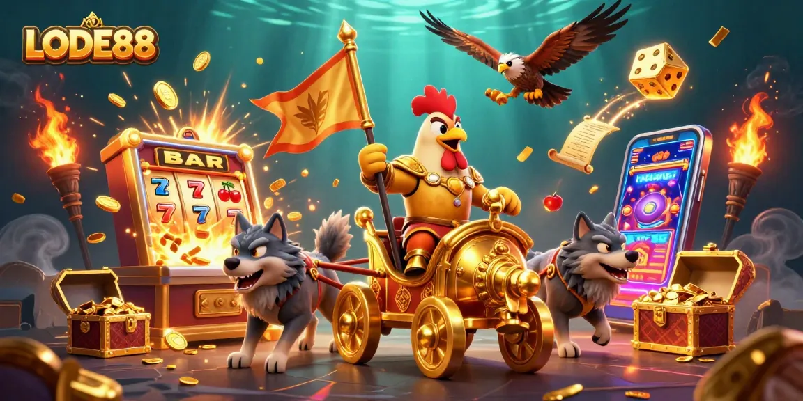 Experience the thrill of LODE88 as a 3D animated rooster warlord and golden chariot showcase exciting casino elements.