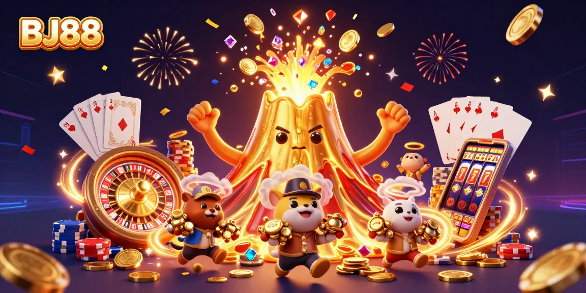 Win big with BJ88 as golden coins and treasures erupt from a majestic volcano in the casino.