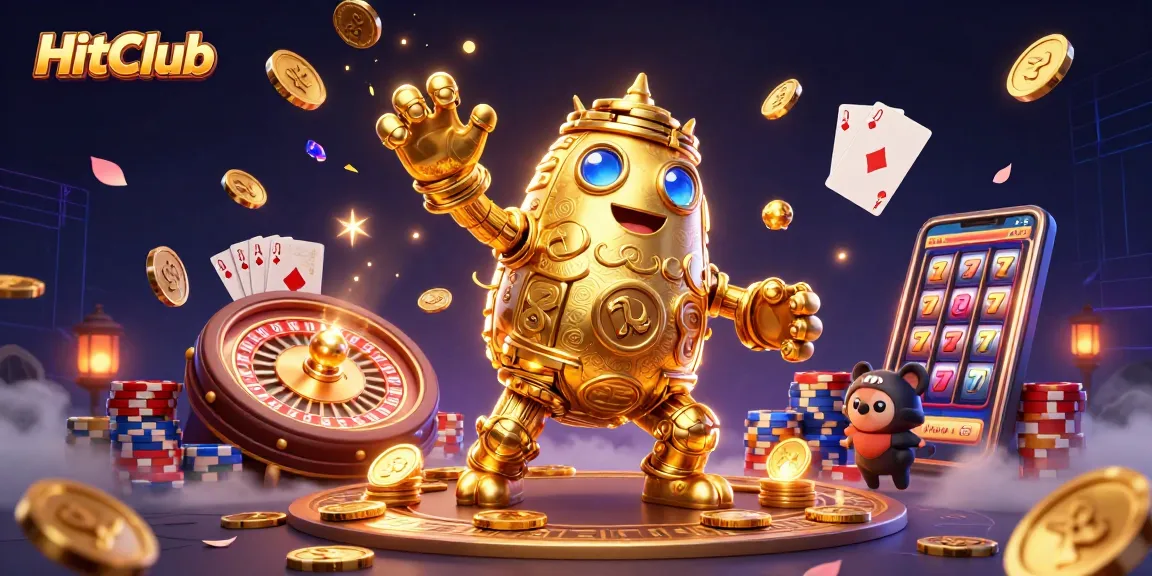 Experience the thrill of gaming at HitClub with a dynamic 3D scene showcasing vibrant casino elements and a golden golem.