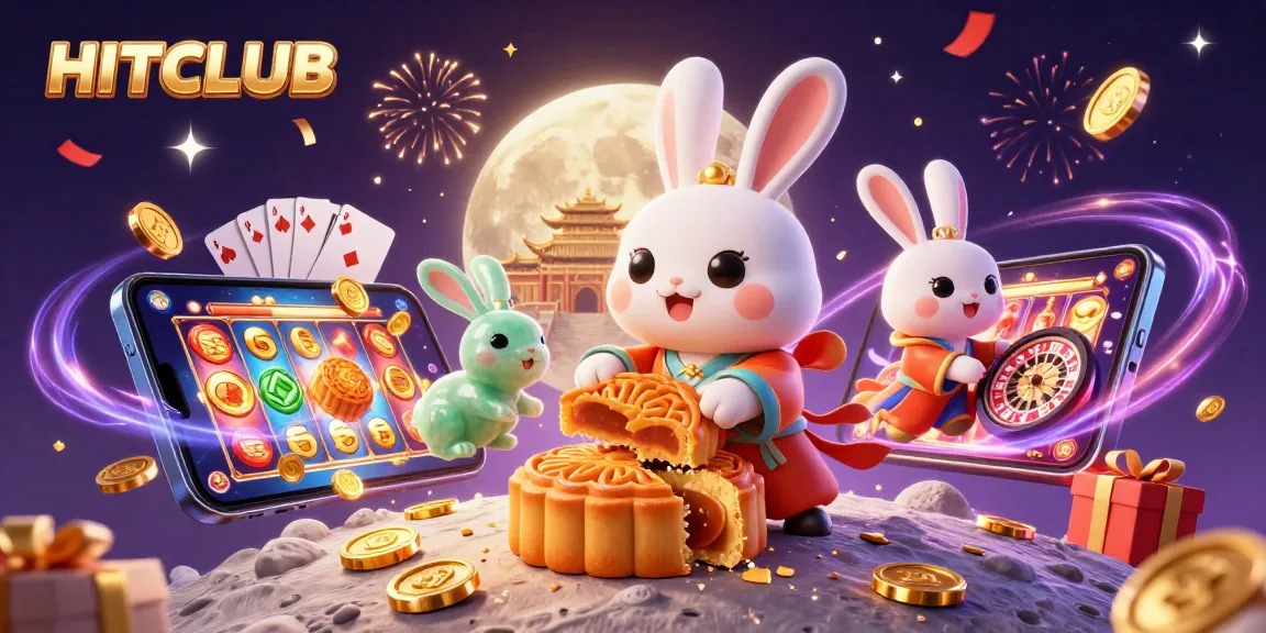 Engage with HITCLUB's vibrant gaming universe, featuring a mystical moon rabbit and golden casino elements.
