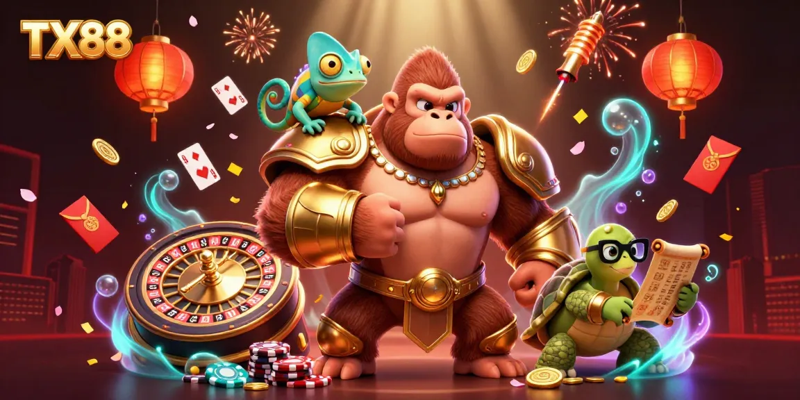 Experience excitement at TX88 with a cinematic 3D casino adventure illustrating unique characters amidst vibrant game elements