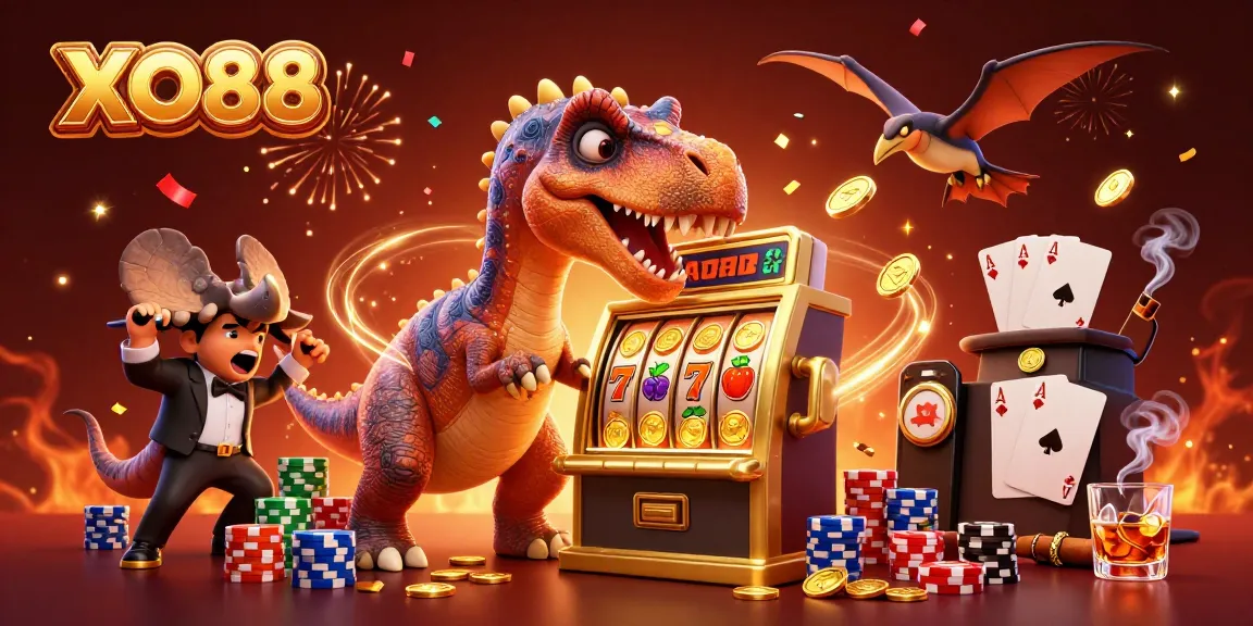 Experience the excitement of XO88 as characters celebrate jackpot wins with golden coins and vibrant casino elements.