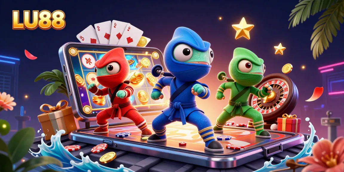 Engage with the vibrant world of LU88, featuring a dynamic scene of ninja chameleons among casino games.