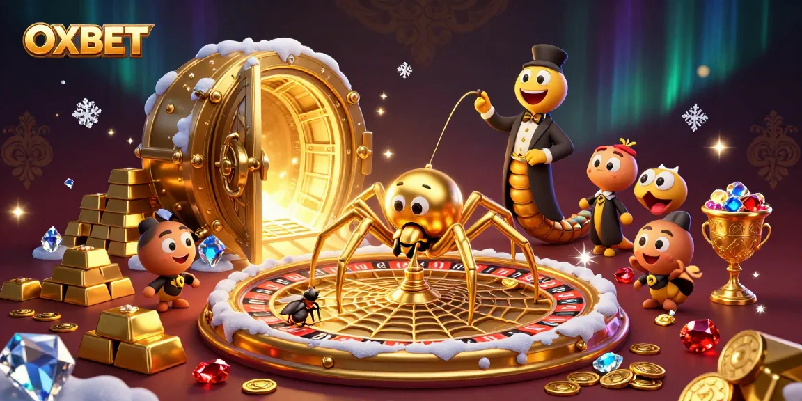 Bet on OXBET in a vibrant casino scene with a spinning roulette wheel and dazzling treasures.