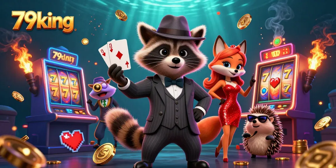 79king showcases a vibrant 3D casino scene with a raccoon holding a royal flush amidst colorful slot machines.