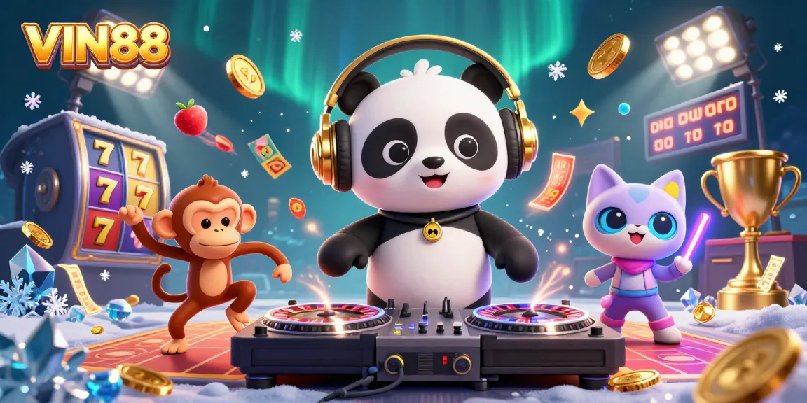 Experience VIN88's vibrant casino scene with spinning reels and animated characters.