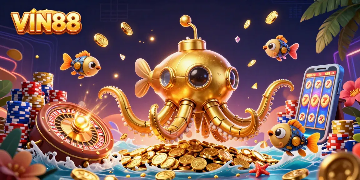 Experience thrilling gaming at VIN88 with vibrant casino elements in a rich, detailed scene.