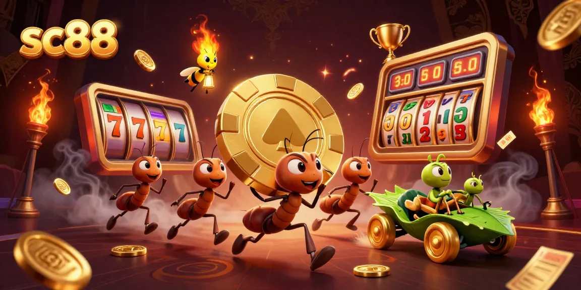 sc88 slot game heist with cartoon ants, glowing jackpot reels, and dynamic golden elements