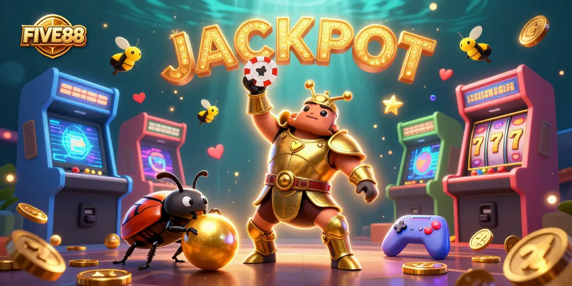 Experience the excitement of FIVE88 as a heroic beetle lifts a poker chip in a vibrant gambling scene.