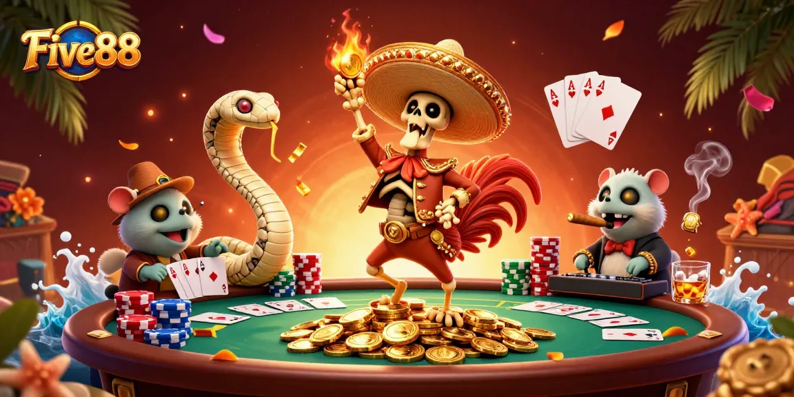 Experience the excitement of Five88 with vibrant casino characters amidst poker elements and colorful chips.
