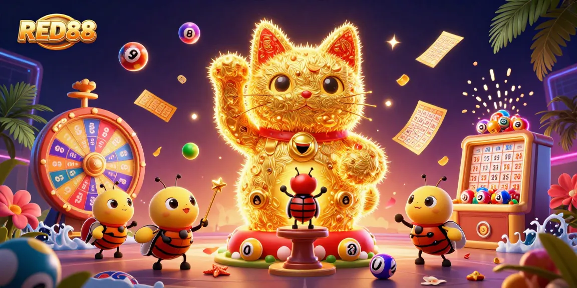 Engage with RED88's vibrant lucky cat illustration highlighting casino excitement and rewards