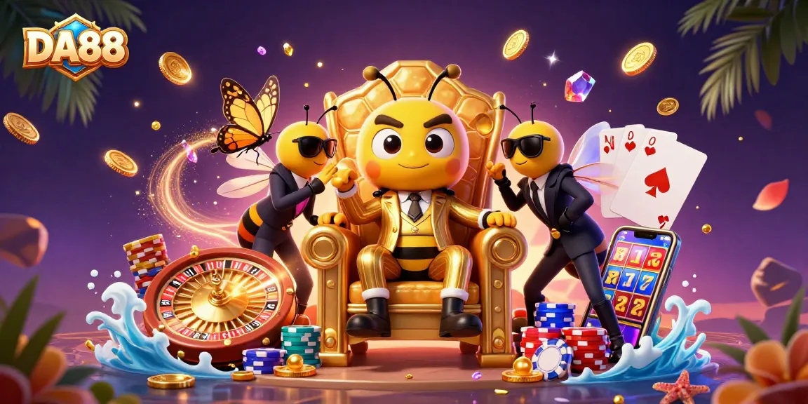 Experience thrilling gameplay at DA88 with vibrant characters, golden coins, and dynamic casino elements.